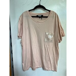 DKNY Pink T-Shirt With Sequin Front Pocket Woman’s Size XL-Spot On Front